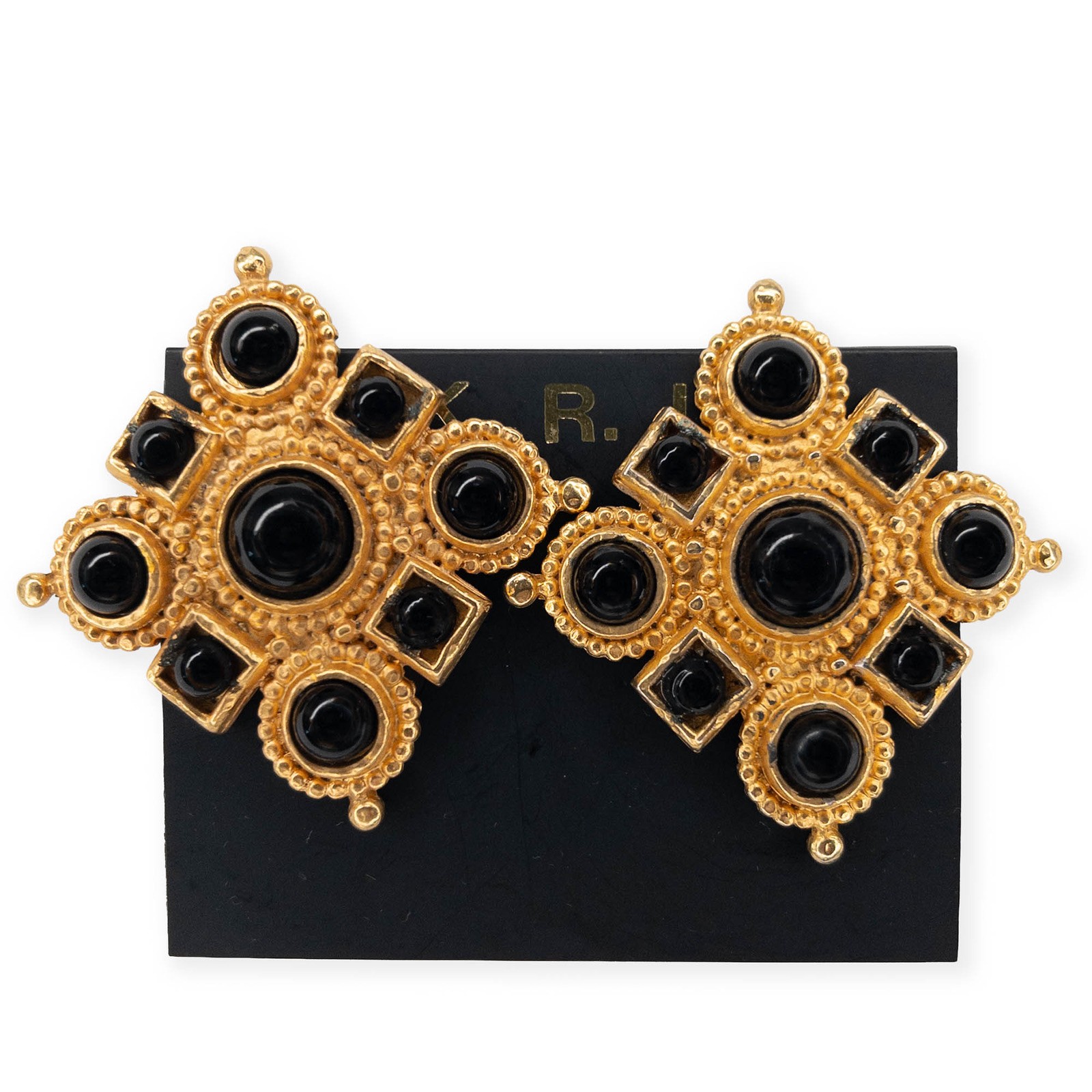 Vintage Edouard Rambaud Paris Clip Earrings Byzantine Cross Black Cabochons 1980