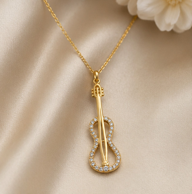 1.75 Ct Round Simulated Diamond Violin Pendant Necklace 14K Yellow Gold Plated