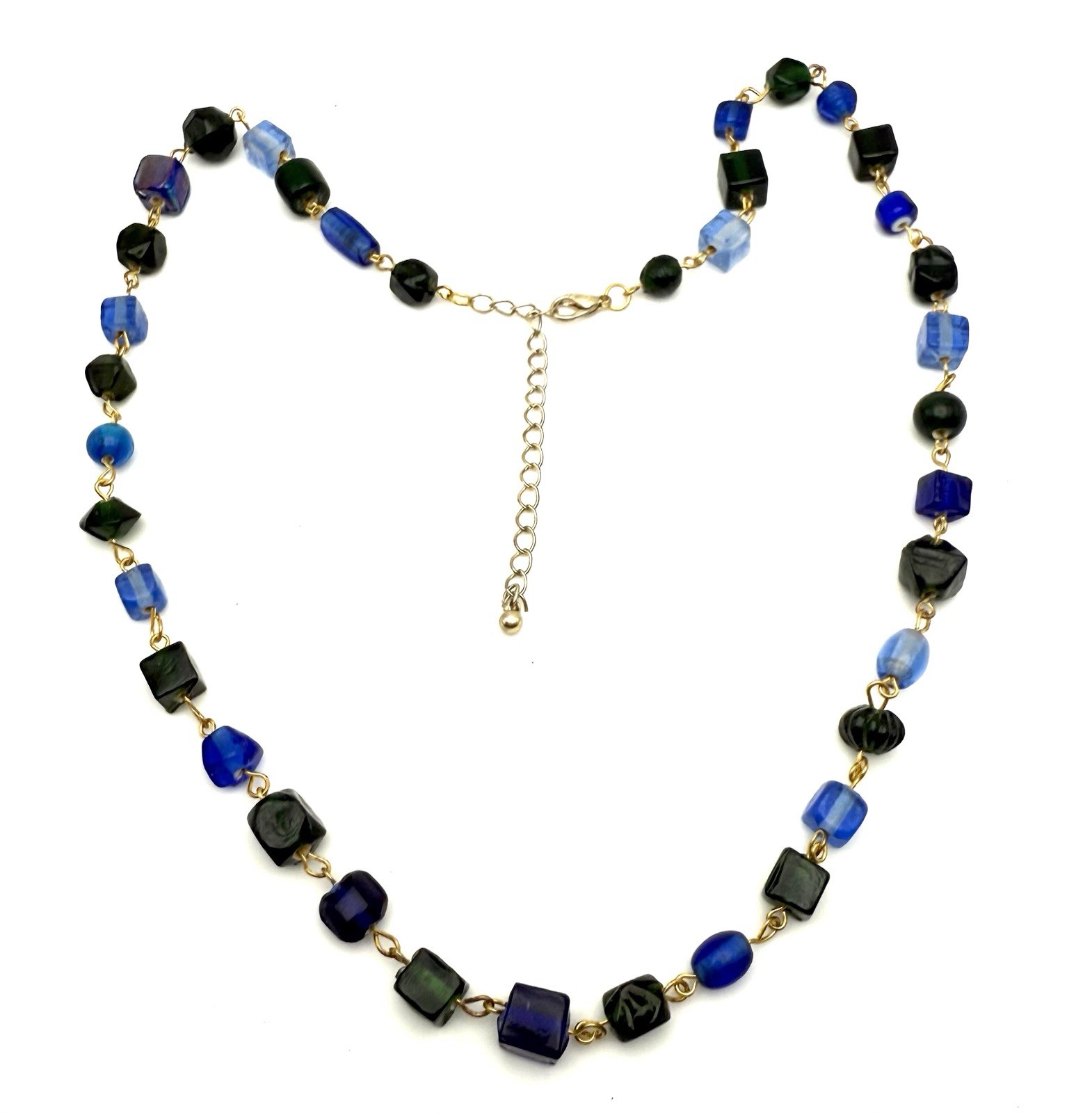 Blue & Green Link Beaded Venetian? Glass Necklace Gold Tone 23-26”