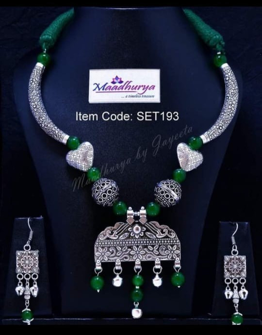 Oxidised Jewellery Silver Colour Choker Pipe Necklace with Earrings