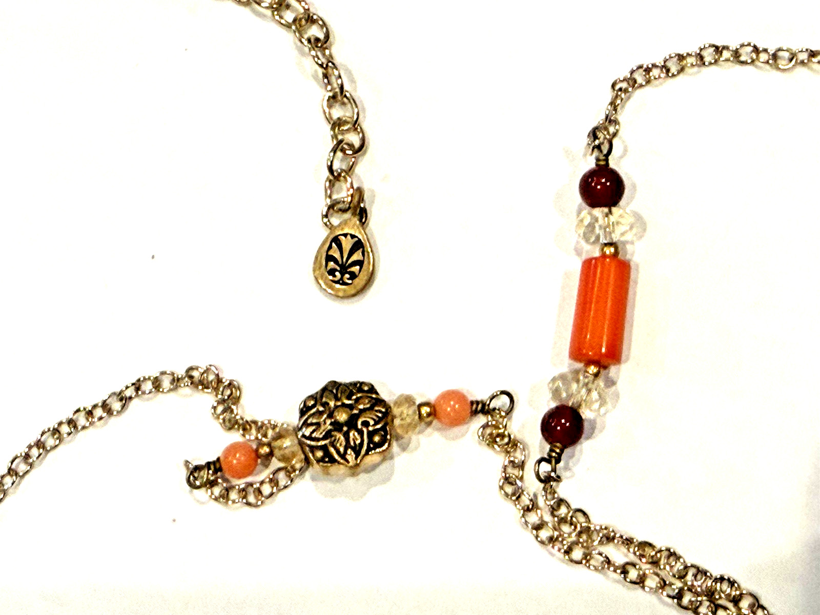 BARSE ORANGE CARNELIAN RED BEAD STATIONS 38″ 2″ EXTENDER NECKLACE GOLD CHAIN LN