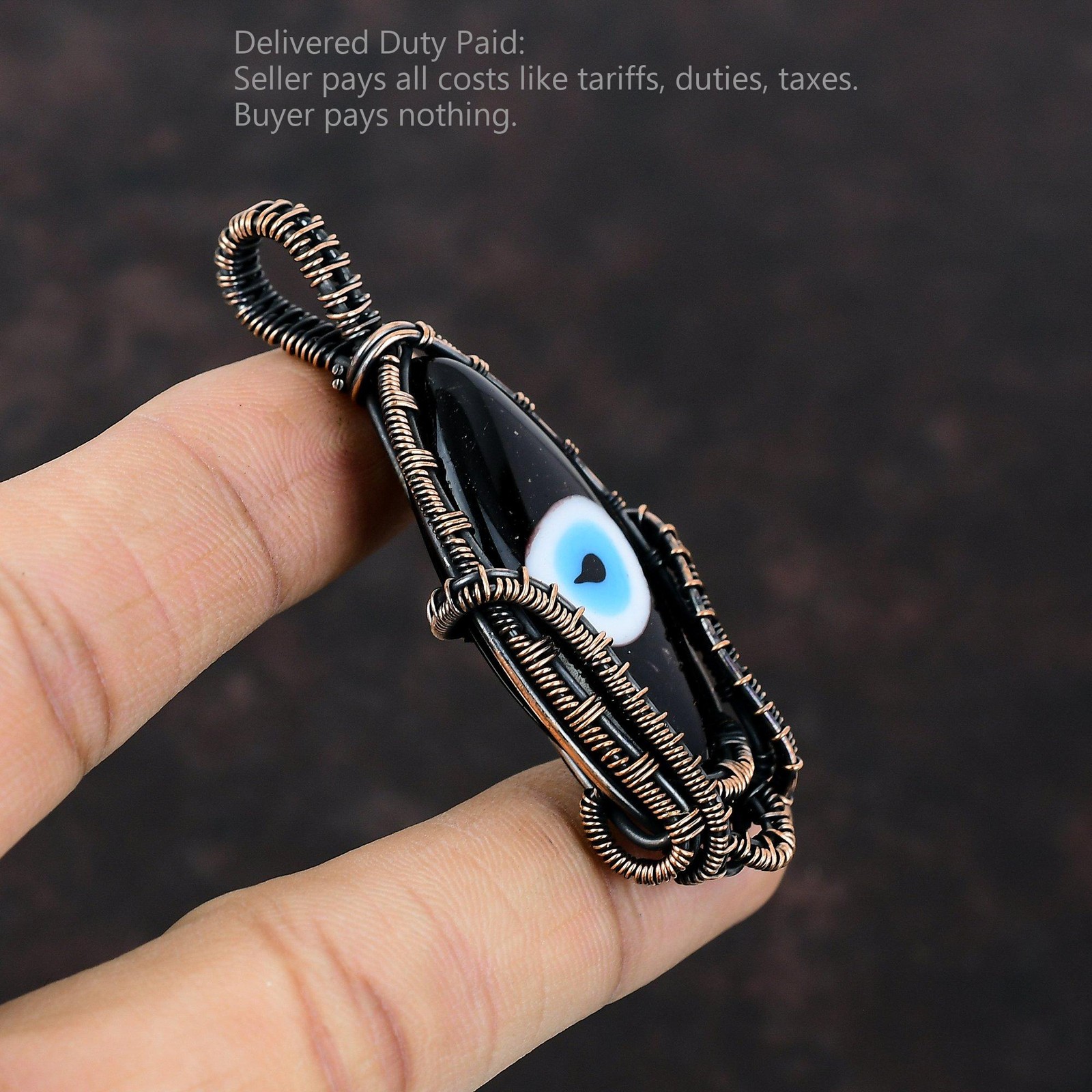 Marquise Black Color Evil Eye Stone Wire Wrapped Anniversary New Pendant Copper
