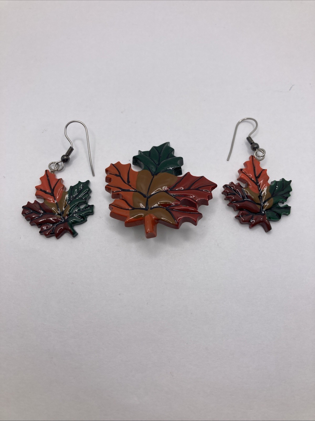 Fall Themed Multicolored Maple Leaf Leaves Brooch Pin And Earrings Set