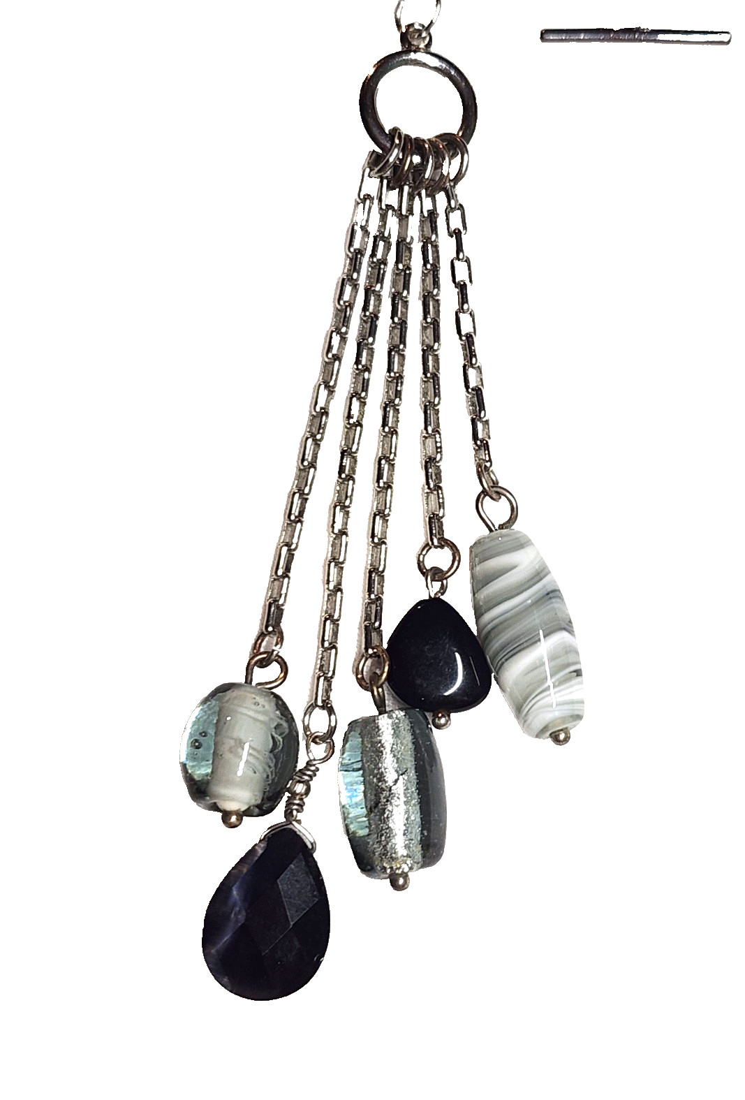 Black Gray Silver Tone Art Glass Bead Tassel Pendant Necklace 14″ Choker GUC