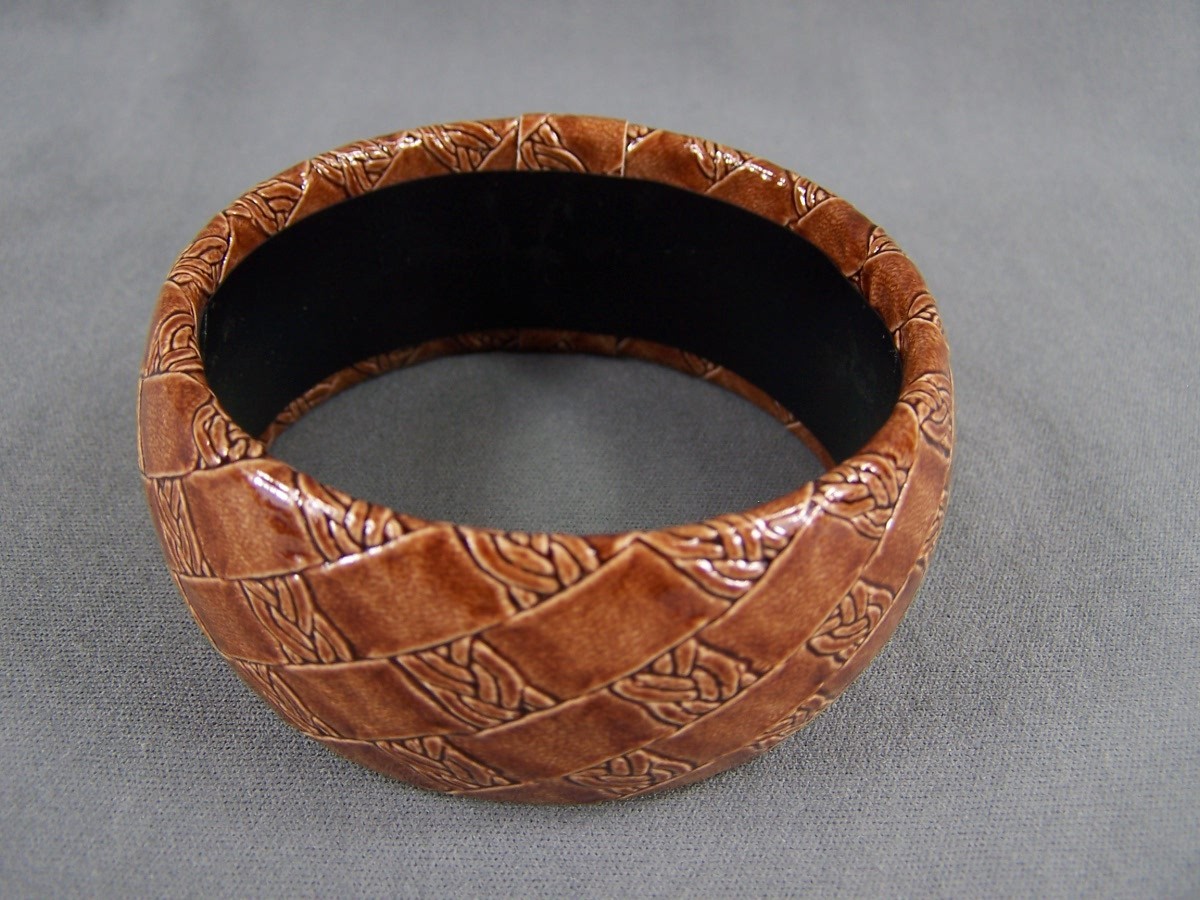 Light Brown faux leather bangle bracelet woven look texture wide bangle bracelet