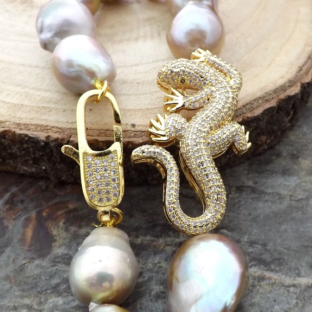 19″ 16x23MM Purple Keshi Pearl CZ Lizard Connector Necklace