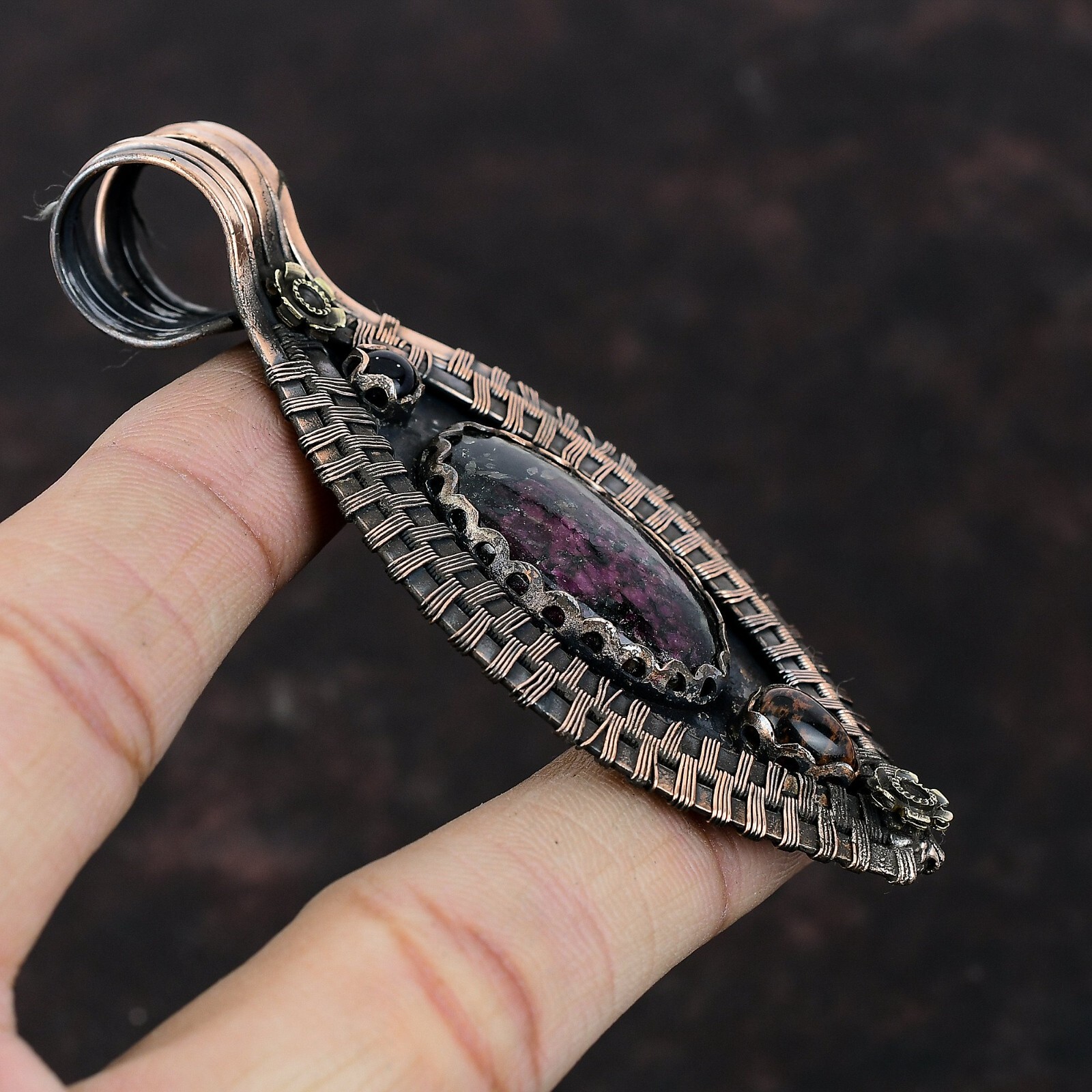 Eudialyte Gemstone Jewelry Copper Gift For Mum Wire Wrapped Flower Pendant 3.54″