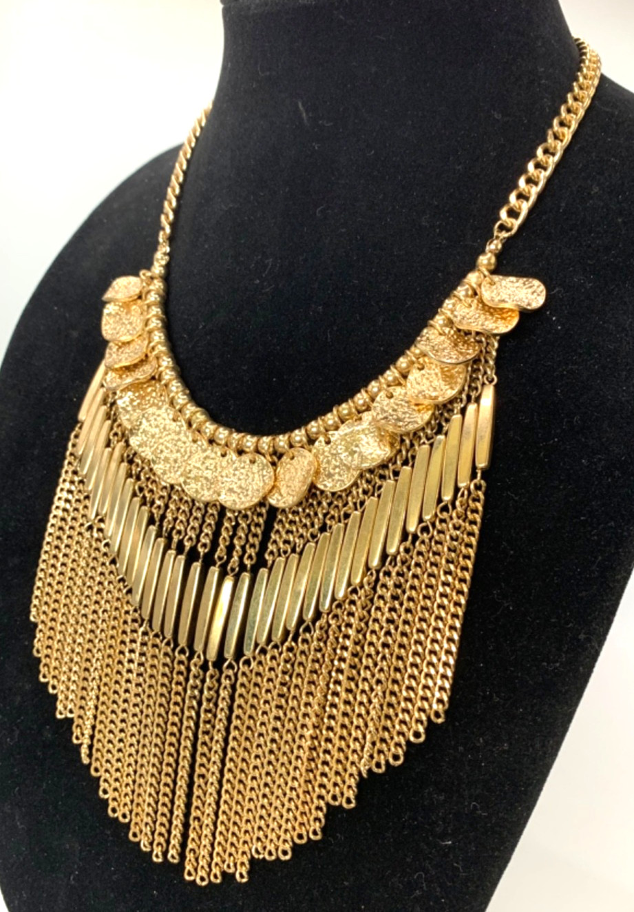 Unique Gold Tone Fringe Chain Round Disc Accent Bib Statement Necklace