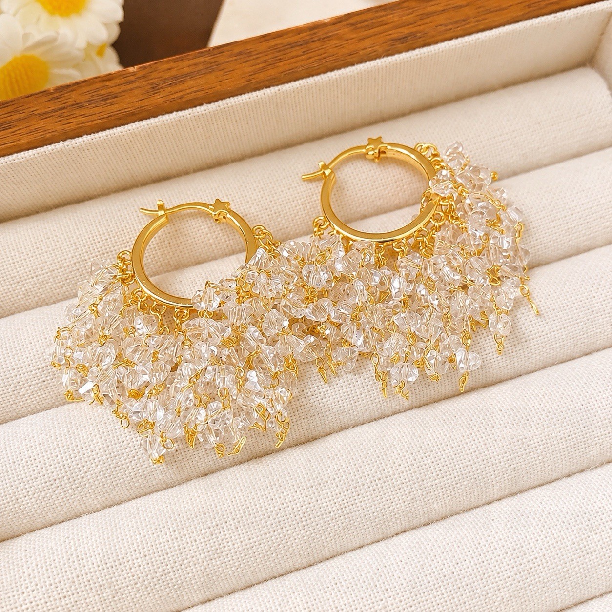Yellow Gold Plated Hoop Dangle Earrings Clear Round Crystal Fringe Latch Back