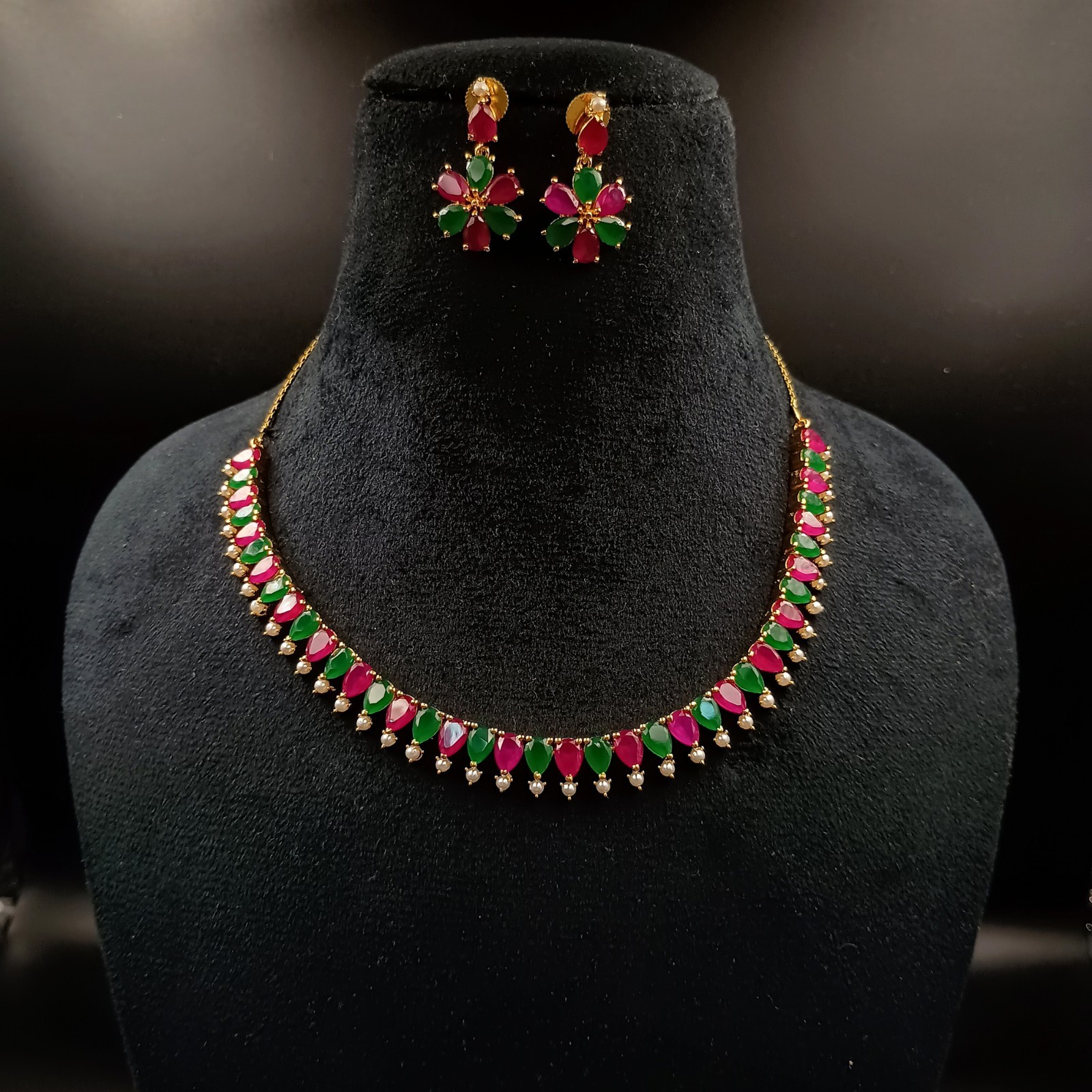 22K Gold Plated Ruby Emerald Pearl Necklace Set Handmade Red Stone Indian Jewelr