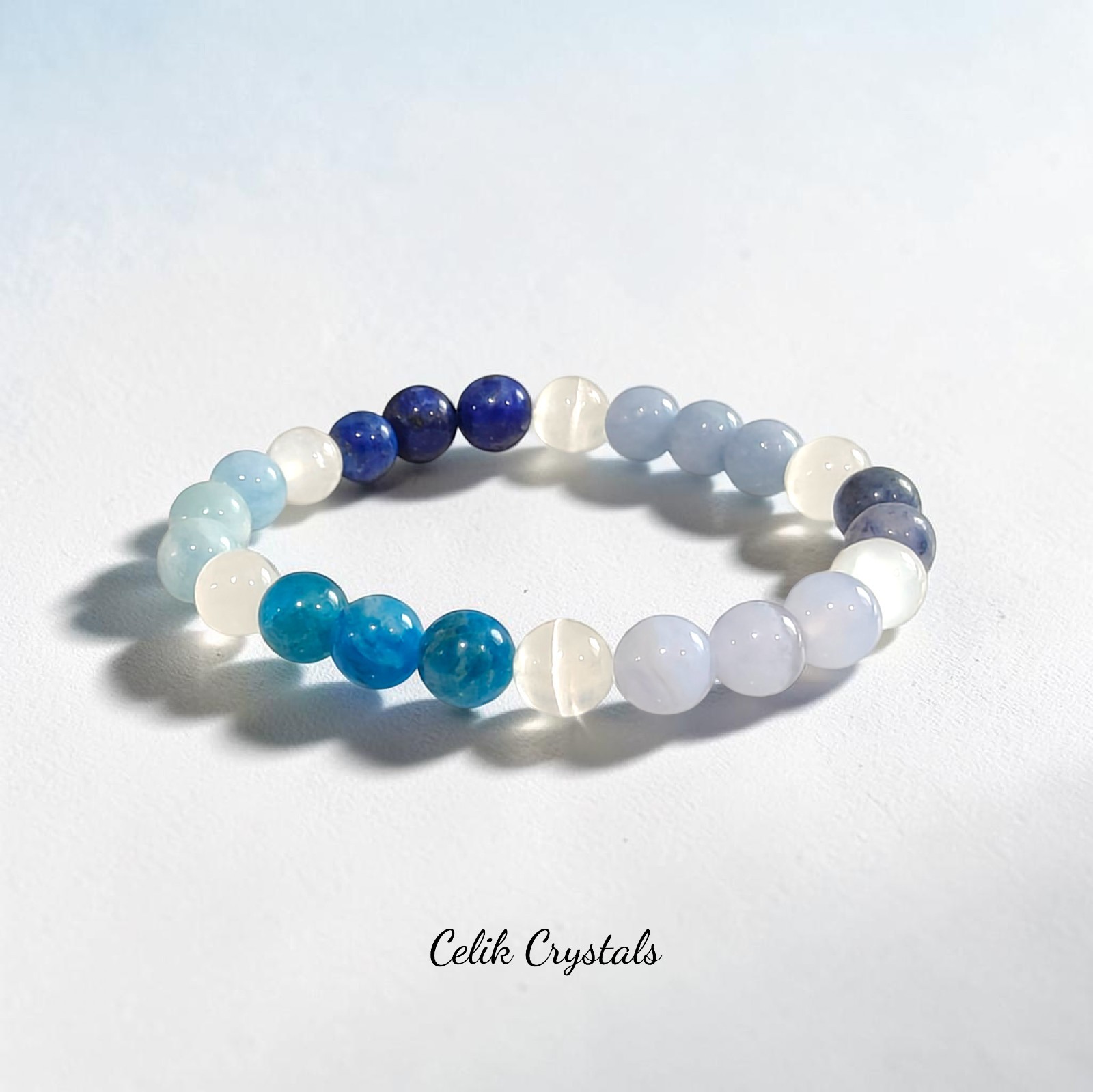 Aquamarine Blue Lace Agate Bracelet With Lapis, Selenite, Apatite, Aventurine…