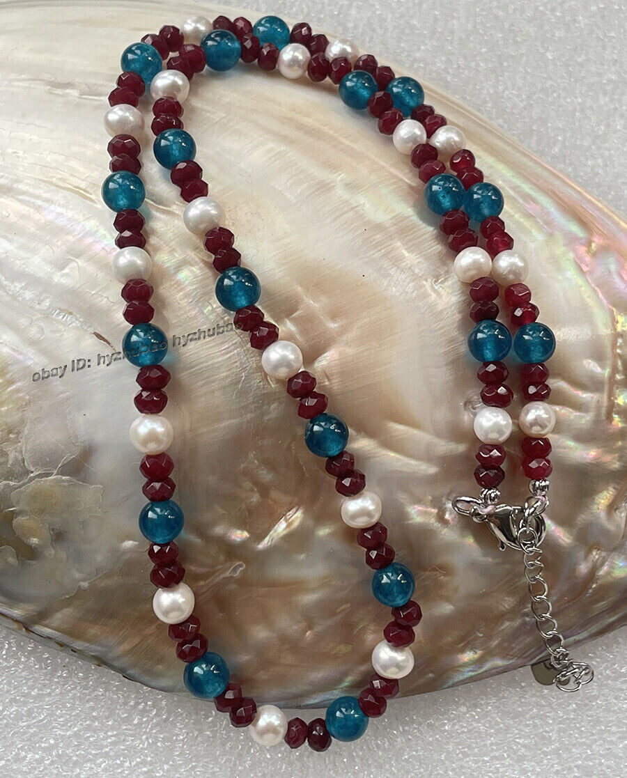 14-50″ Faceted Roundel Red Ruby &Round Apatite Gems & White Pearl Beads Necklace