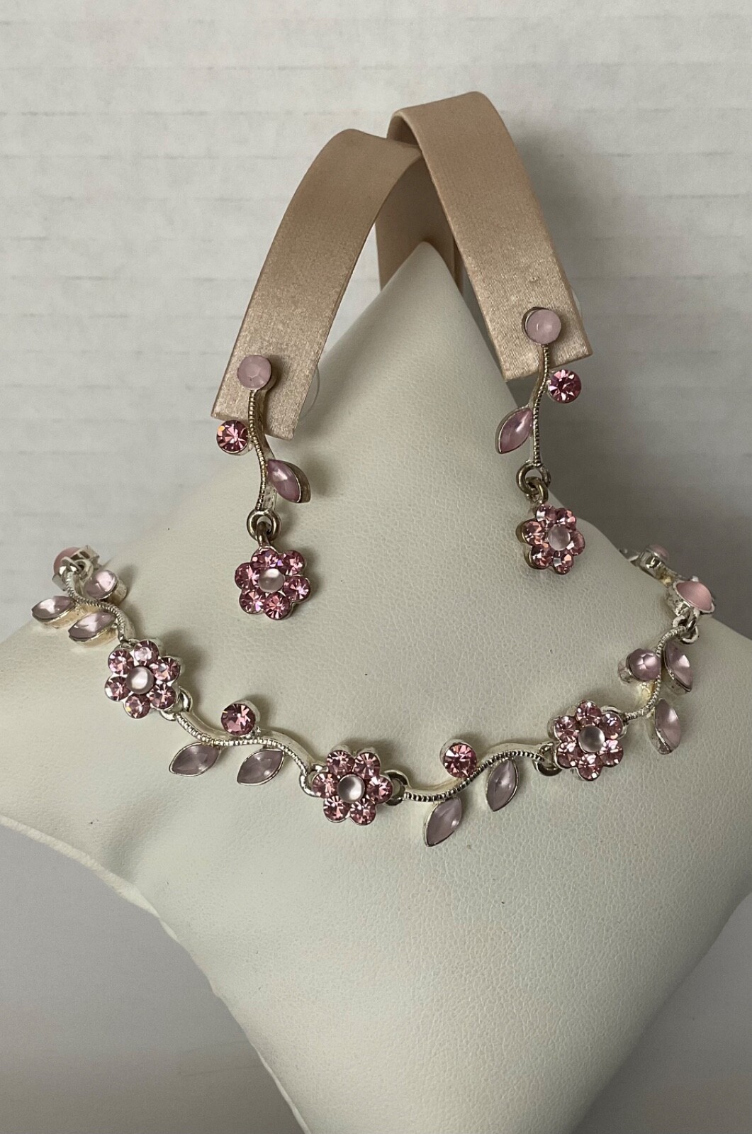 Pink Crystal Floral Flower Bracelet & Dangle Earrings Set Silver Tone Base