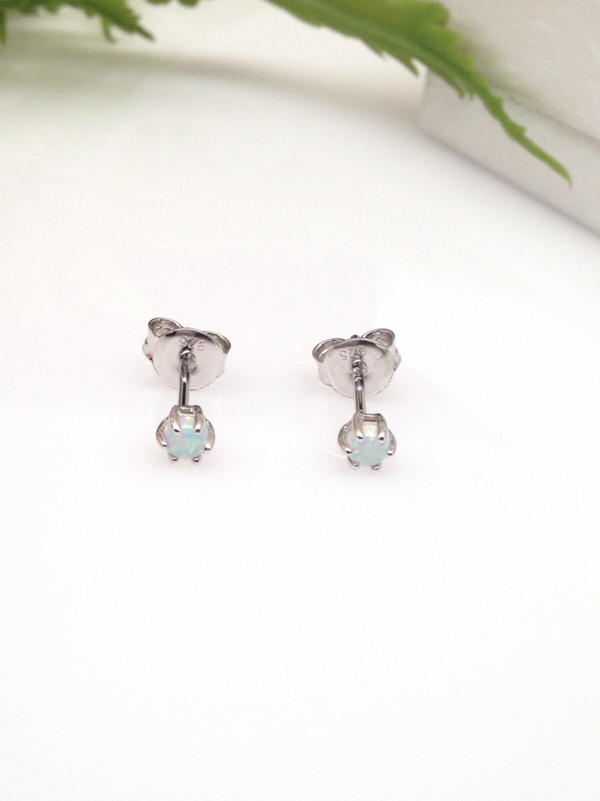 White Opal Stud Earrings Sterling Silver 925 Dainty Round Opal Studs 2.9mm