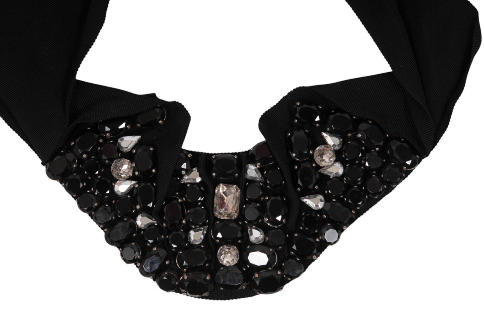 Lanvin Womens Choker Necklace Ribbon Chain Black Silver Crystals Alber Elbaz
