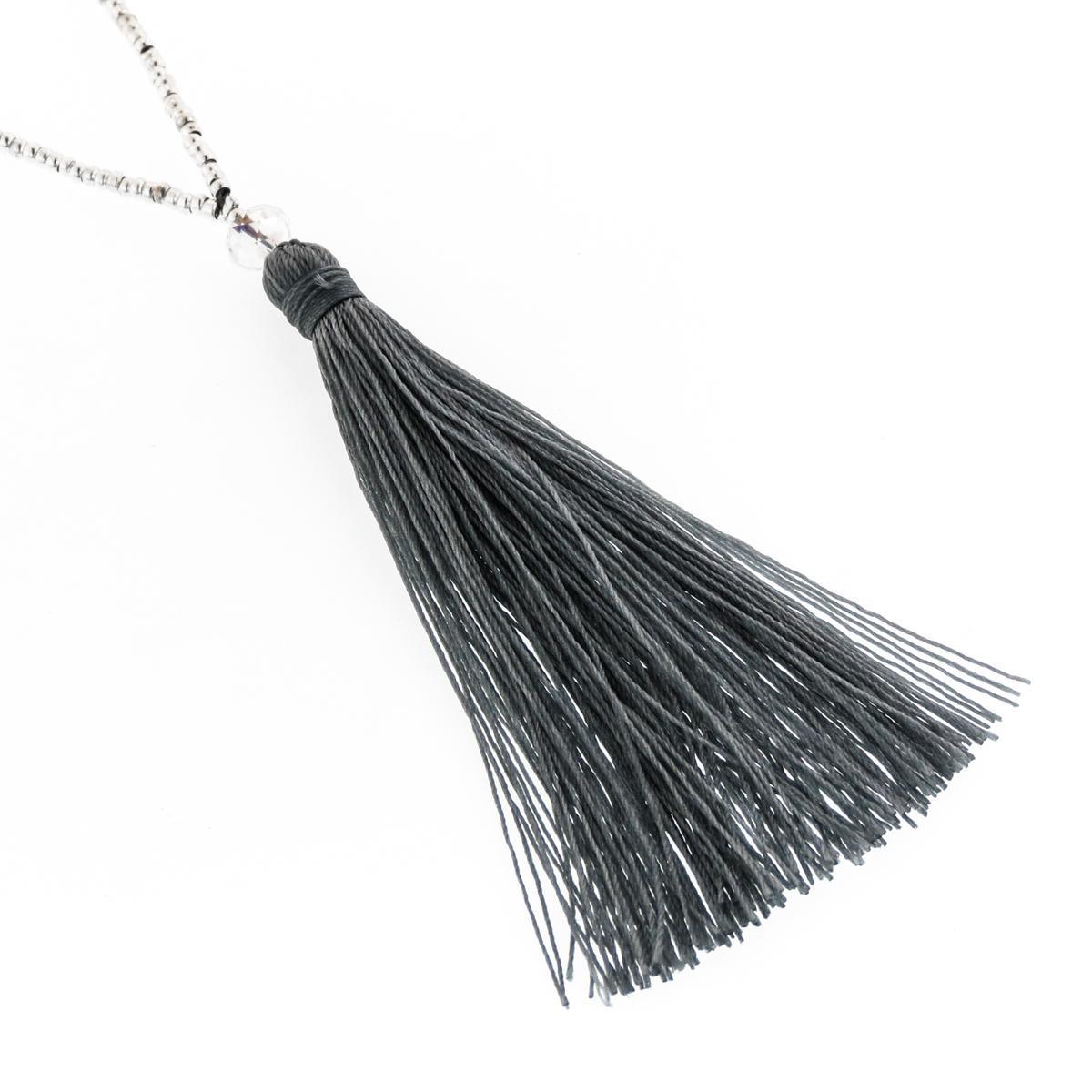 32″ LONG BEADED MIXED COLOR WITH SILVER BEADS TASSEL PENDANT necklace