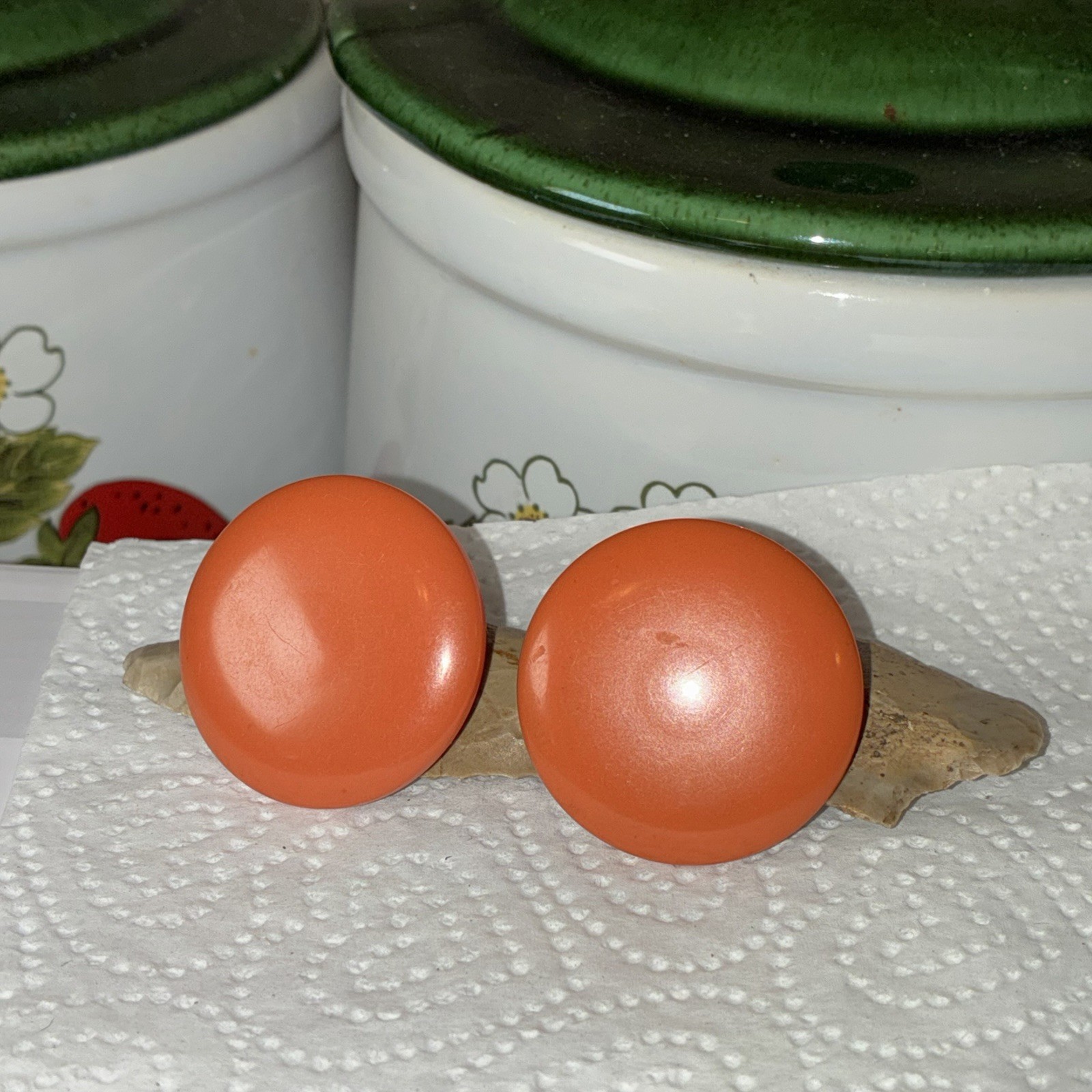 Orange Round Disc Stud Earrings Plastic Butterfly Back Lobe