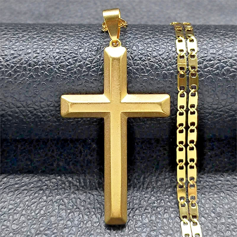 Gold Tone Cross Pendant Necklace with Geometric Link Chain – Unisex 30g- 22 inch