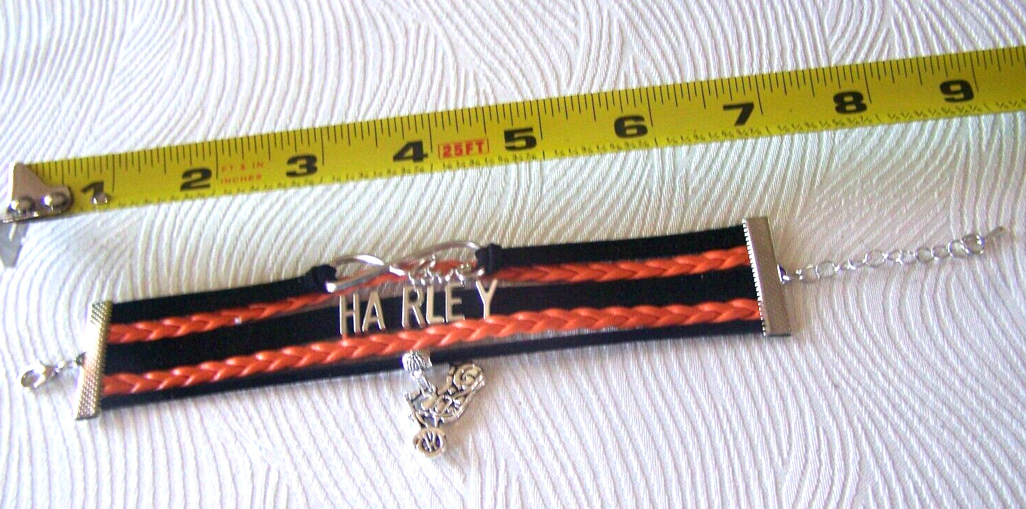 Harley Davidson Orange & Black Leather Metal Bracelet Motorcycle & Love Charms