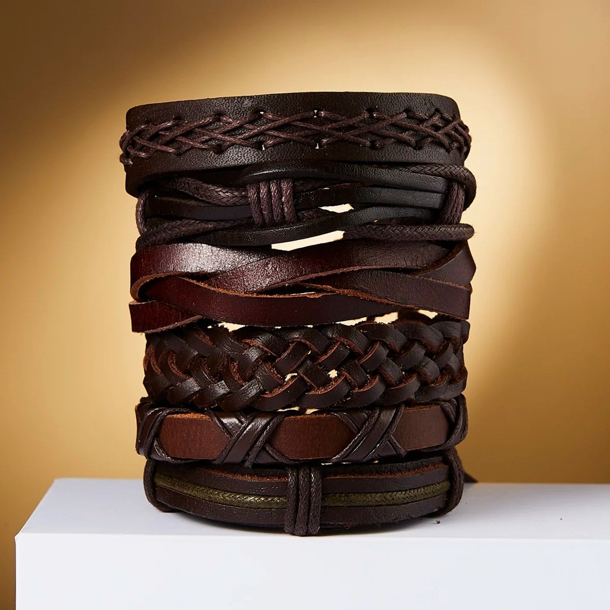 6PCS Braided Leather Brown Bracelet For Cuff Wrap Wristband Men Women Gift