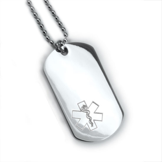 Medical Alert ID Dog Tag and Necklaces. Free Wallet Card! Free engraving!