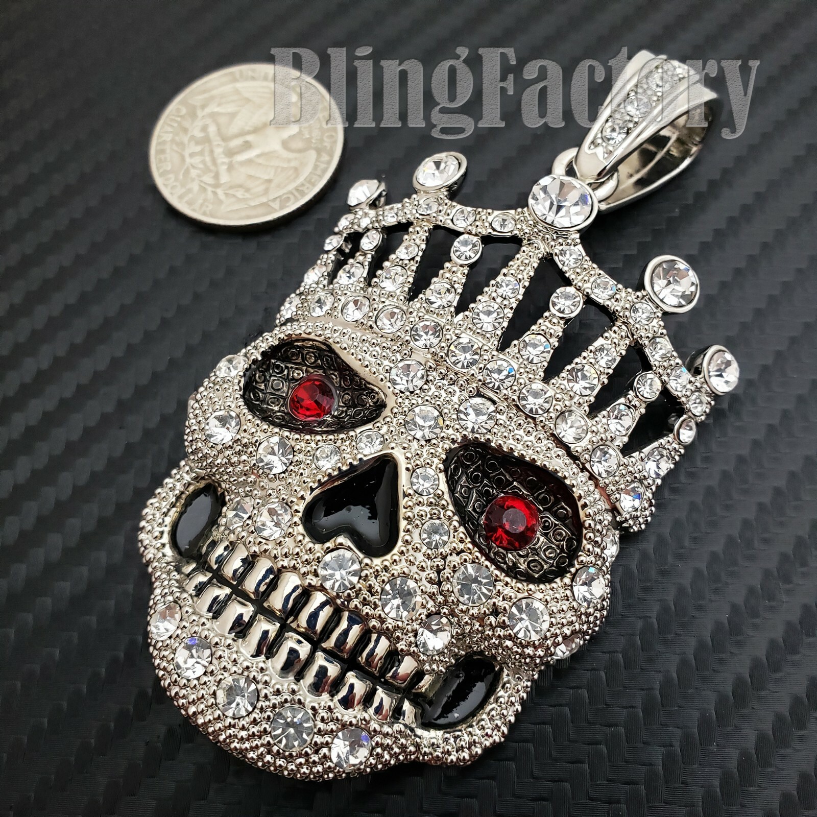 HIP HOP ICED SILVER PLATED ALLOY CUBIC ZIRCONIA LARGE CROWED SKULL CHARM PENDANT