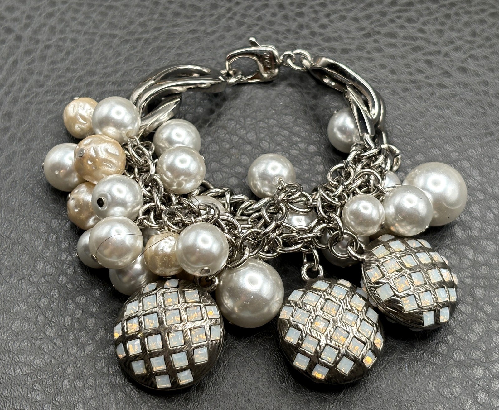 Vintage St. John Silver Tone Faux Pearl Faux Opalite Charm Bracelet Chunky