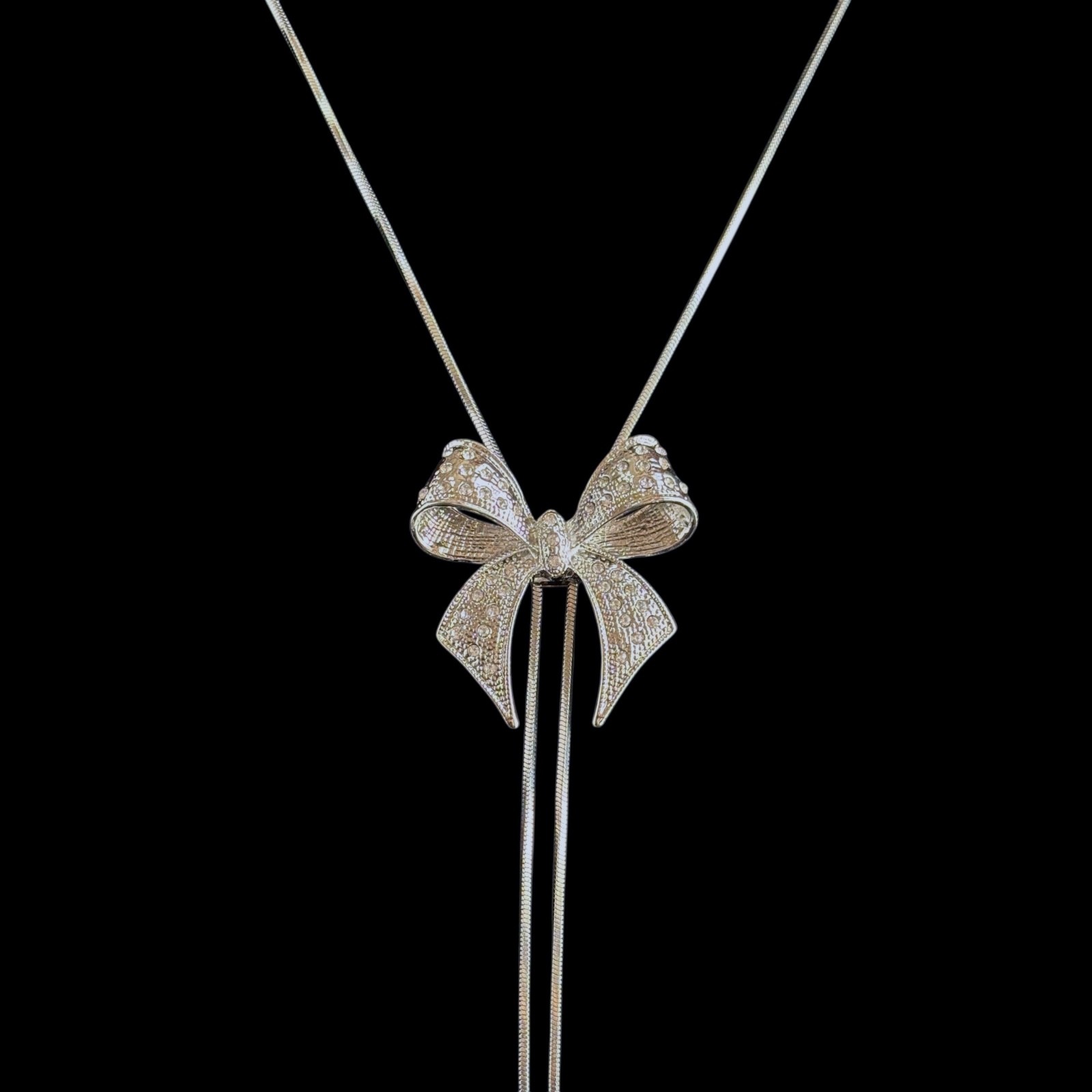 Silver Tone Bow Crystal Rhinestone Bolo Tie Slide Lariat Y Necklace 38 inches