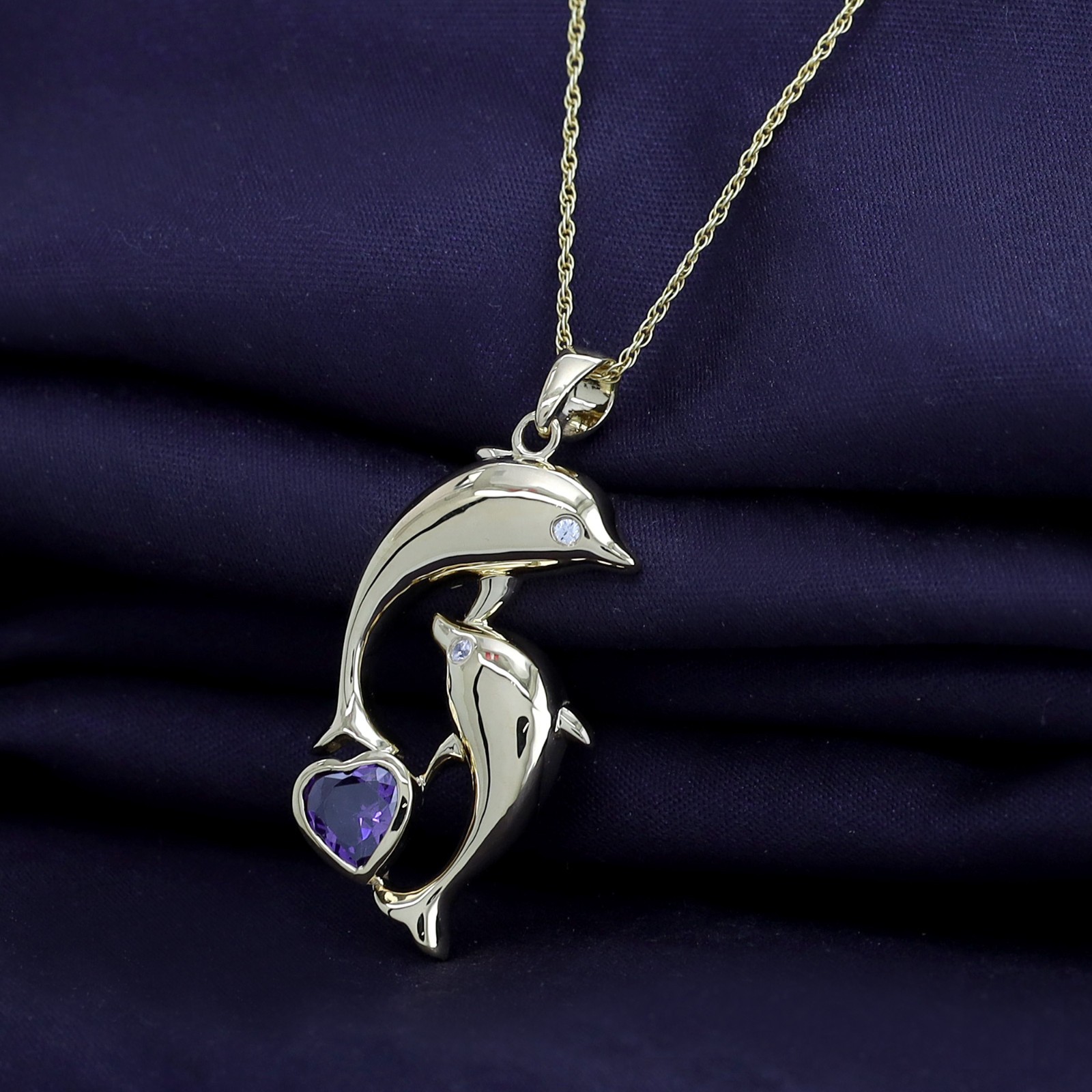 Dolphin Pendant Necklace 18″ Simulated Amethyst 14K Yellow Gold Plated Sterling