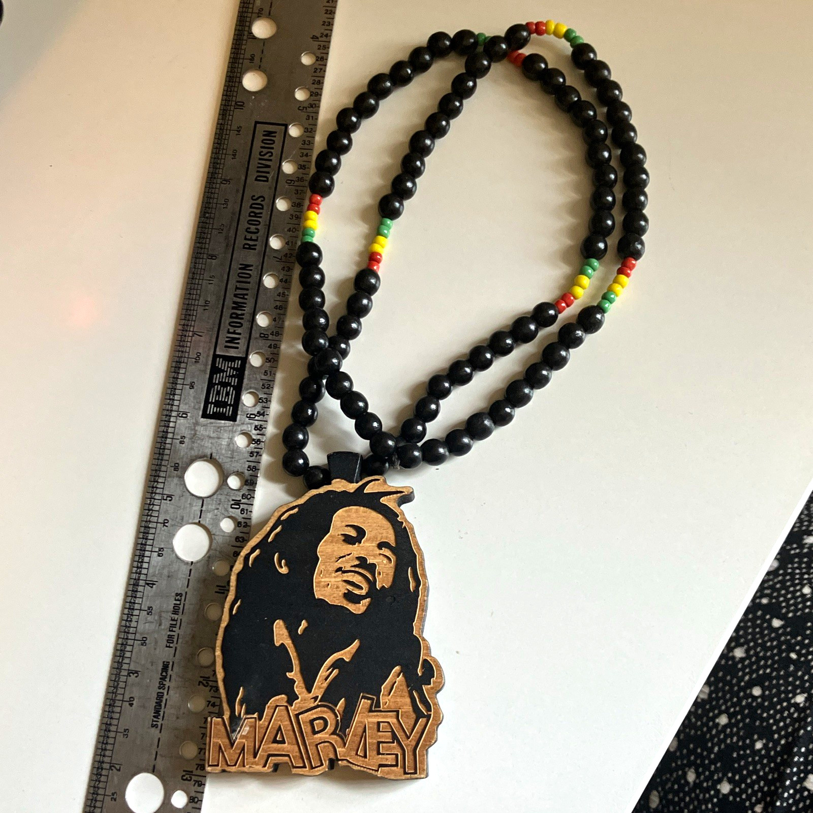 Good Wood NYC Bob Marley Wood Pendant Beaded Necklace Black Rasta Colors