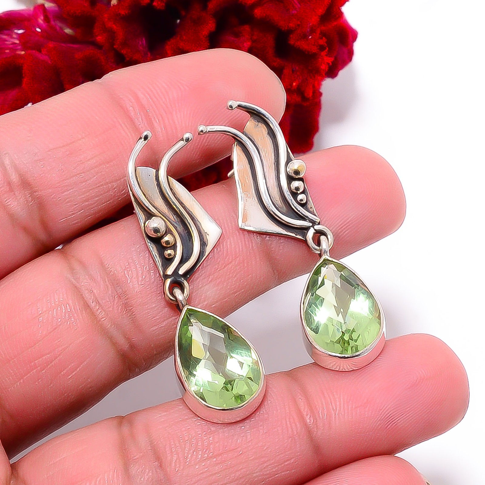 Green Amethyst Designer Handmade 925 Sterling Silver Earring 1.56″ E9846