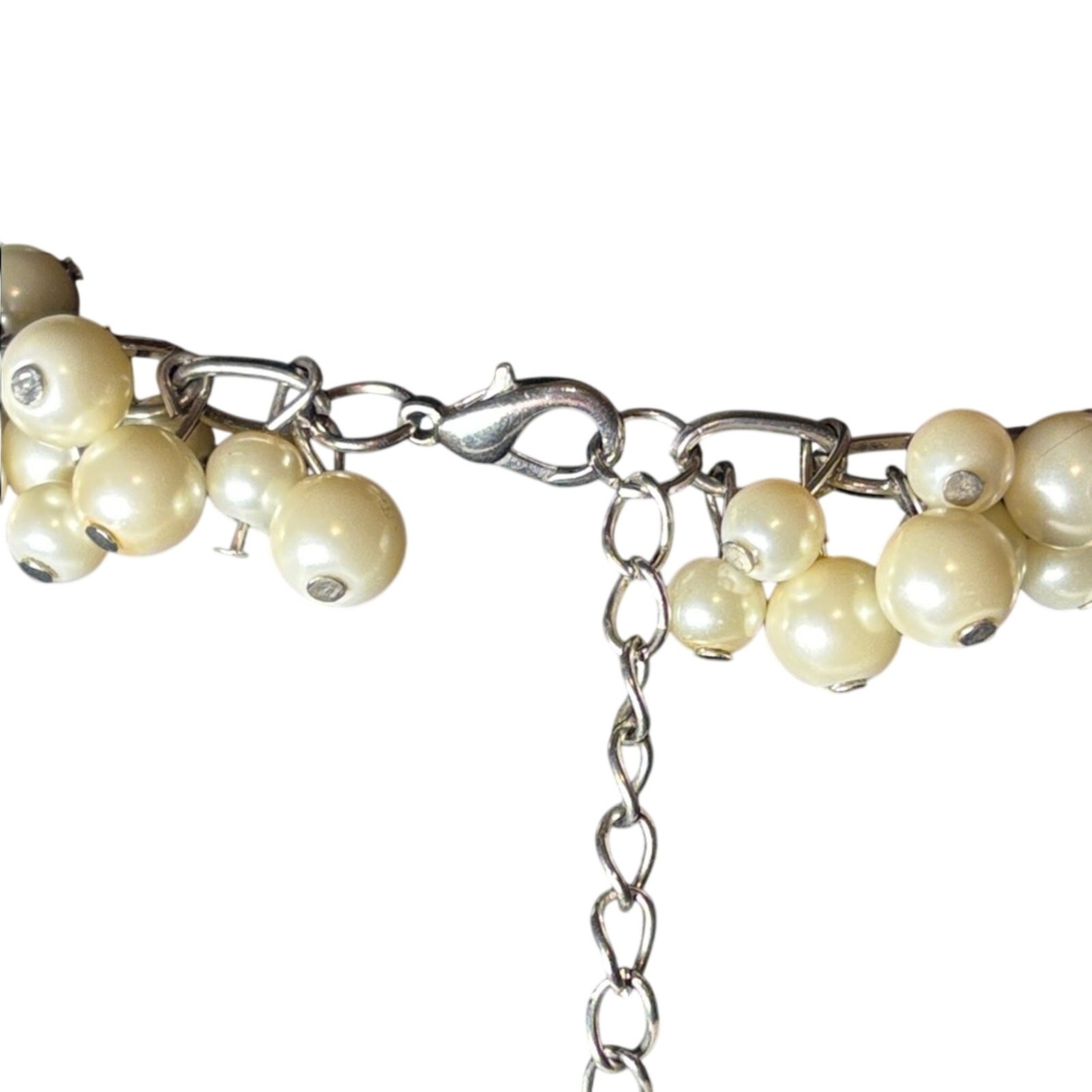 Faux Pearl Cluster Necklace 18” + Extender Silver Tone Statement Bridal Wedding