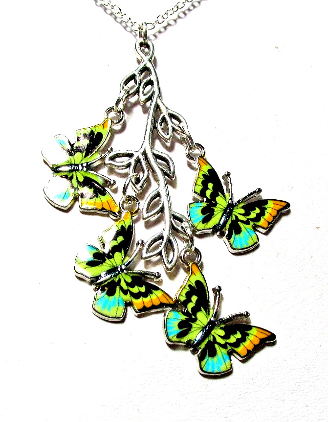 Silver Tone Blue Yellow & Black Butterflies On Branch 18″ Necklace -NWOT (#3118)
