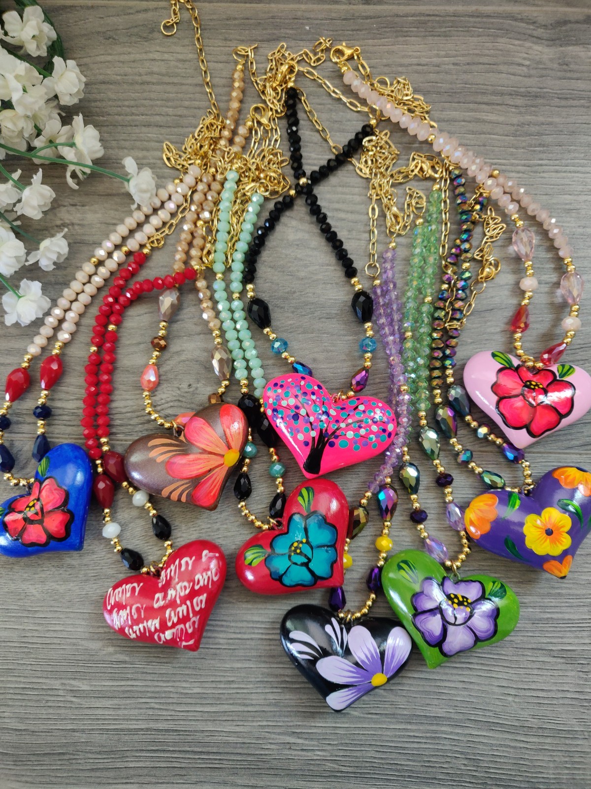 collar artesanal mexicano, Lote de 12 Pz, corazon hand made, cristal y chapa.