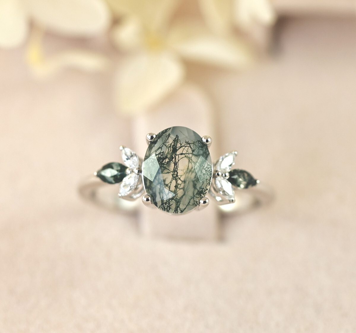 Floral Moss Agate Engagement Ring & Wedding Band Ring Set Sterling Silver S14275