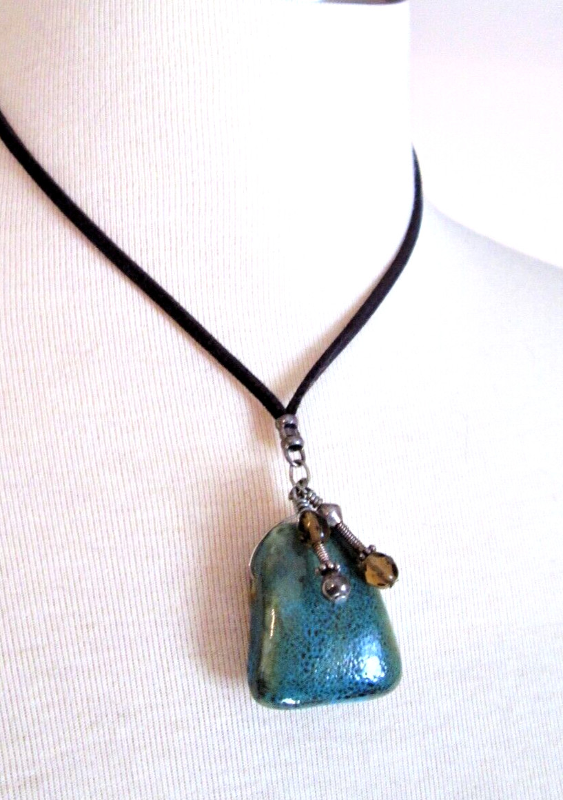 Boho Unisex Necklace Bolo Pendant Glazed Ceramic Leather Cord with Dangle Beads