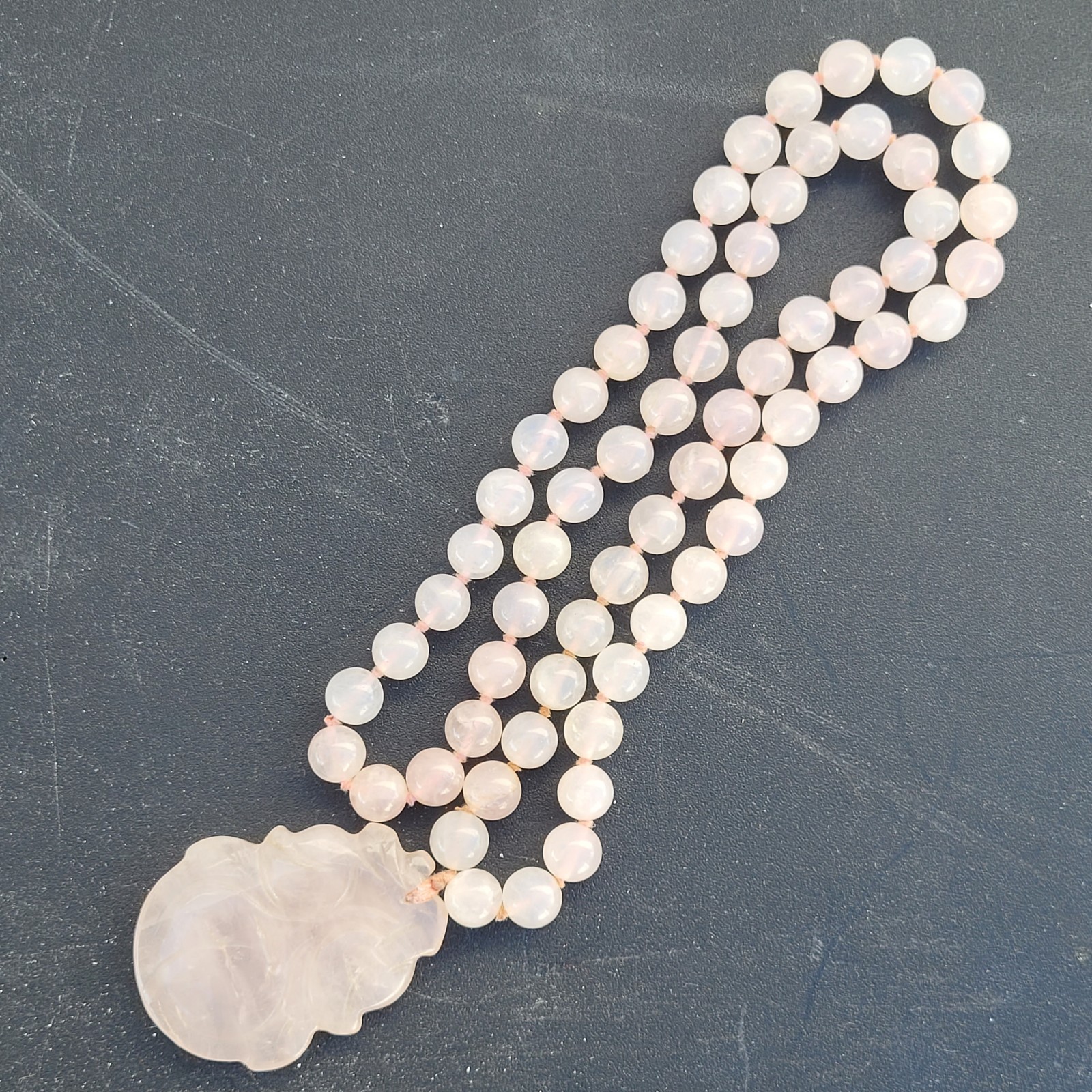 Hand-Knotted Natural Rose Quartz Bead Necklace with Carved Pendant 10mm 32″