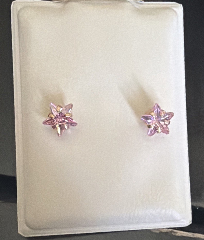 10K Yellow Gold Pink Cz Star Earring New
