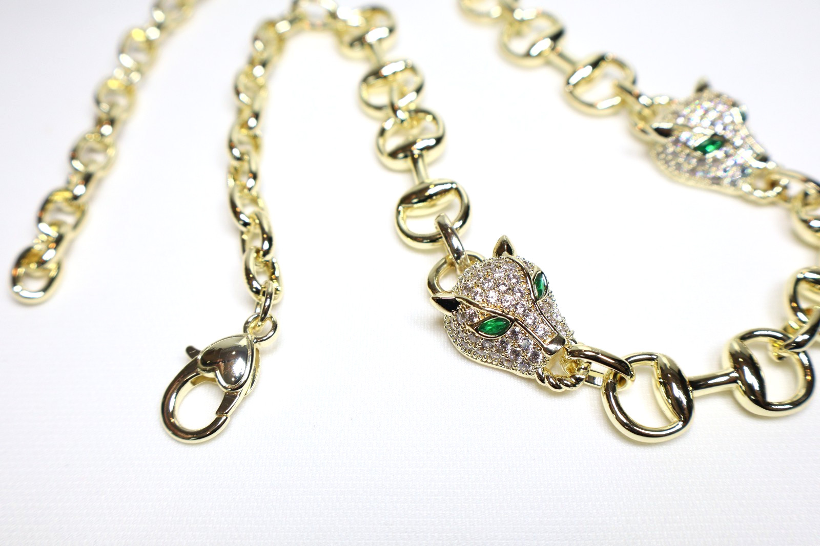 Statement Gold Panther Necklace Large Bling Cubic Zirconia Green White Gemstones