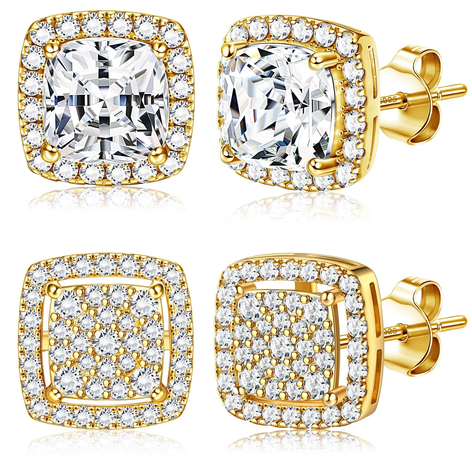 Dochais Cubic Zirconia Stud Earrings for Men Women, 14K Gold 8mm, 10mm,