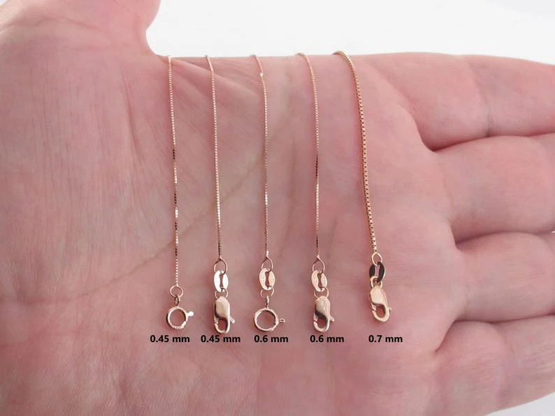 Solid 14K Rose Gold Box Chain Necklace 0.5mm 0.6mm 0.8mm Fine Jewelry