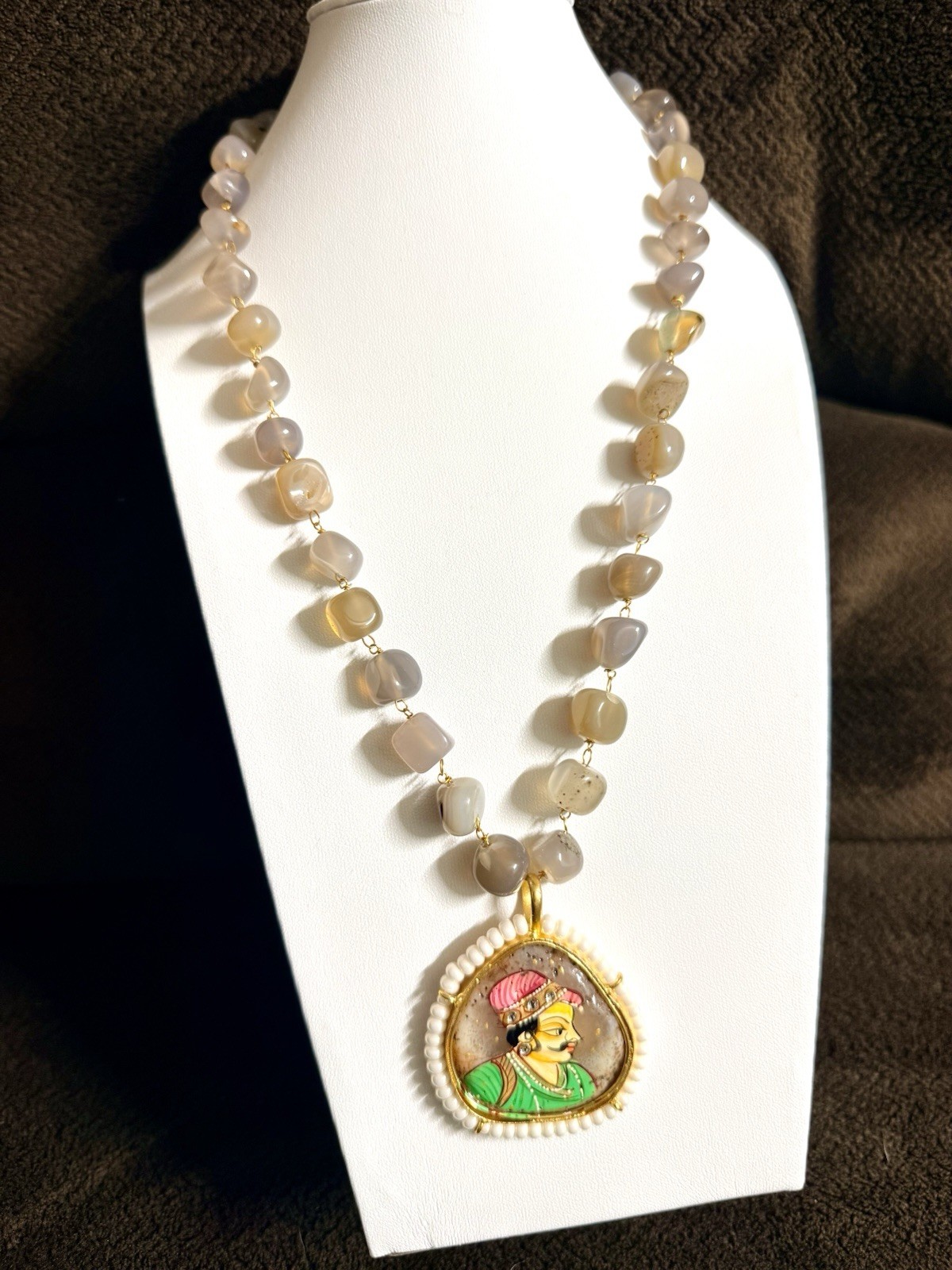 India mughal Queen lady Hand Painted Stone long Necklace Golden kundan Earrings