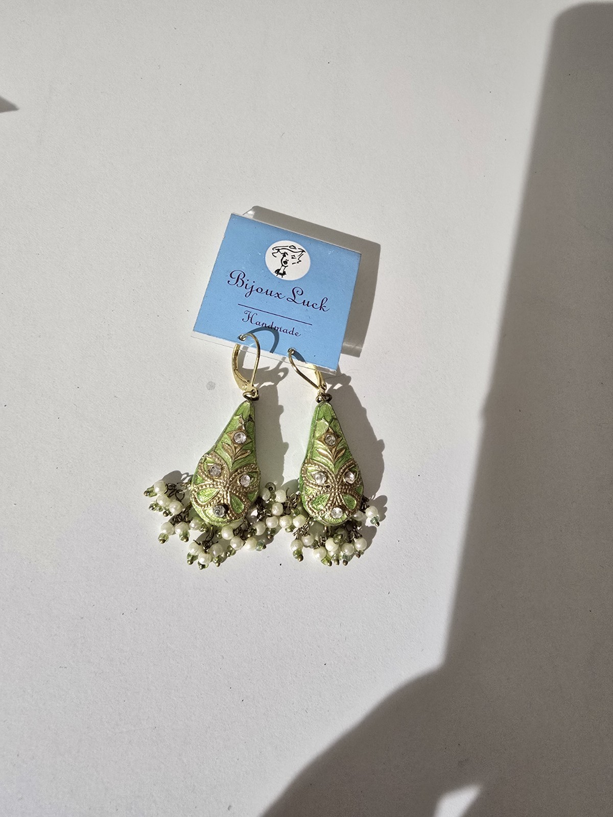 Handmade Statement Earrings Green Gold Enamel Crystal Pearl Beads Bijoux Luck
