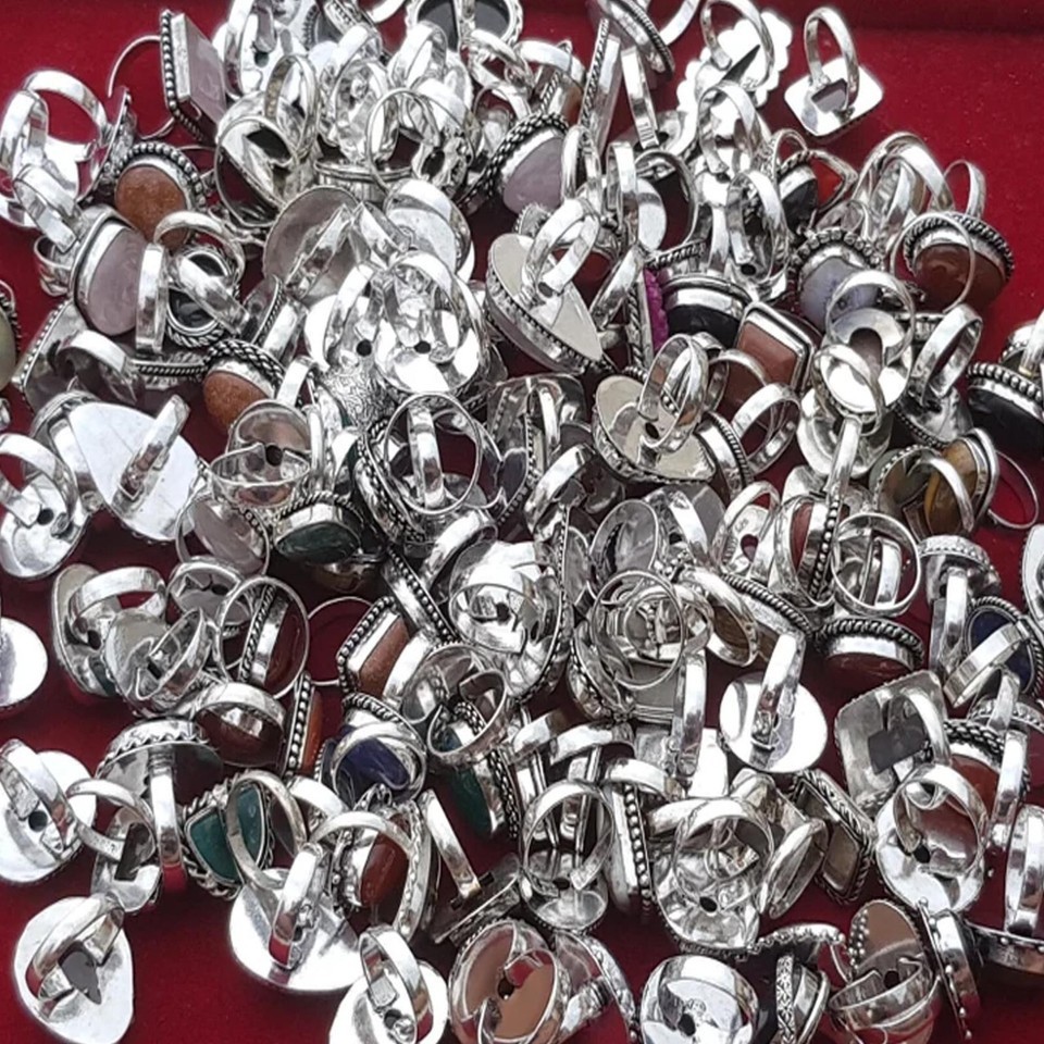 300 Pcs Wholesale Lot Assorted natural Gemstone Oxidized Ring US Size 5-11 SS002