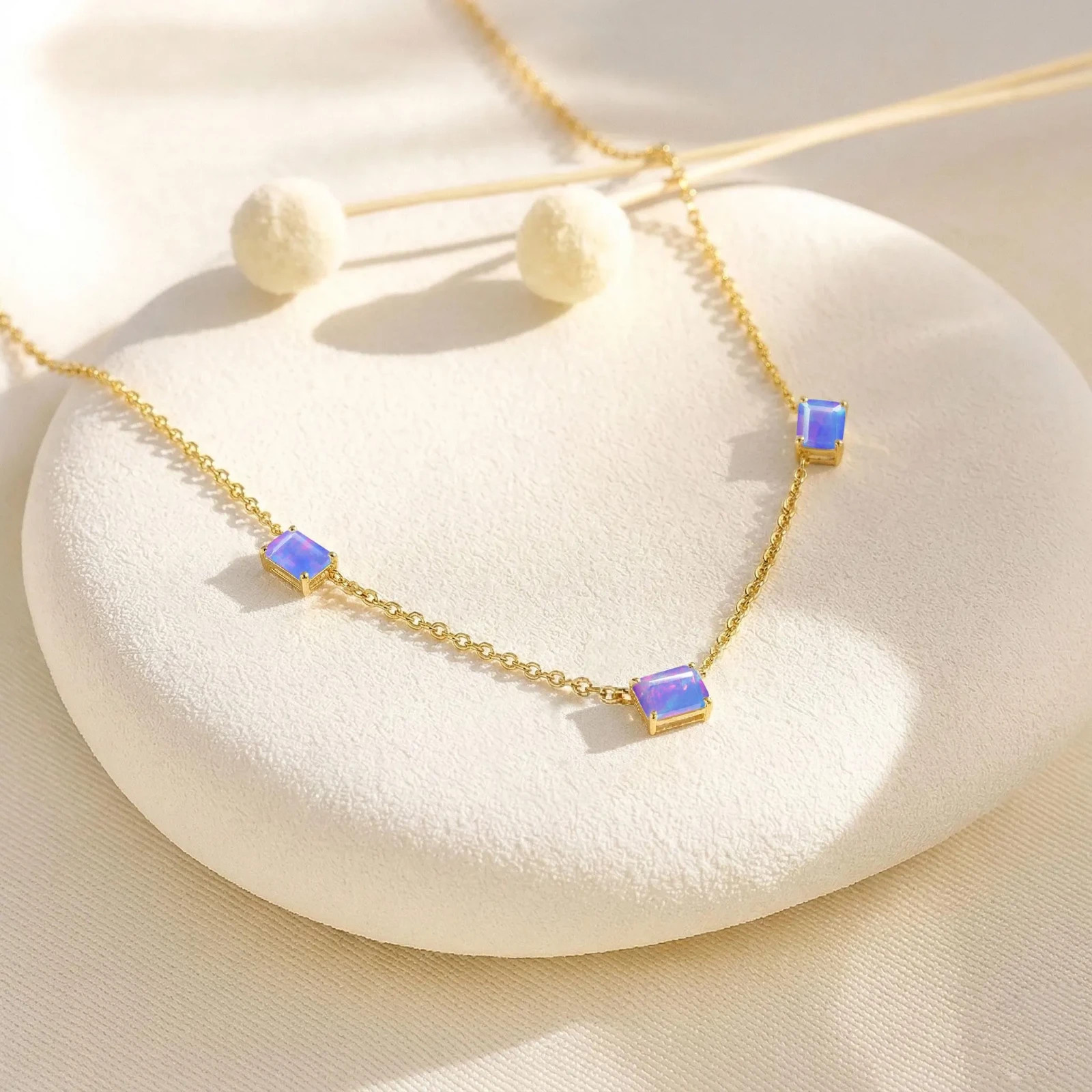 AAA Lavender Fire Opal Necklace Gold, Octagon Opal Station Necklace