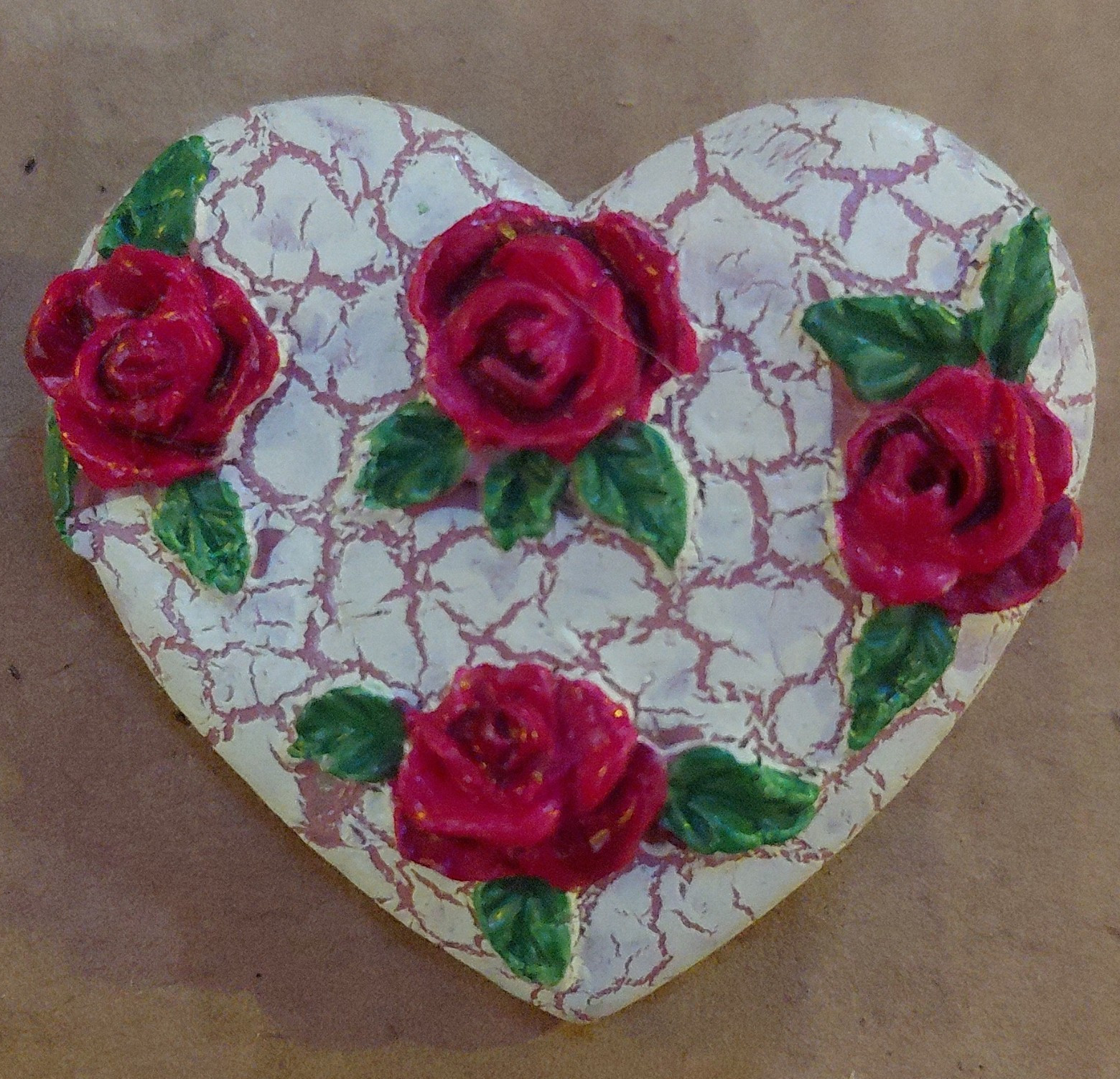 Heart Floral Brooch Pin Pink Roses Green Leaves White Crackle Finish