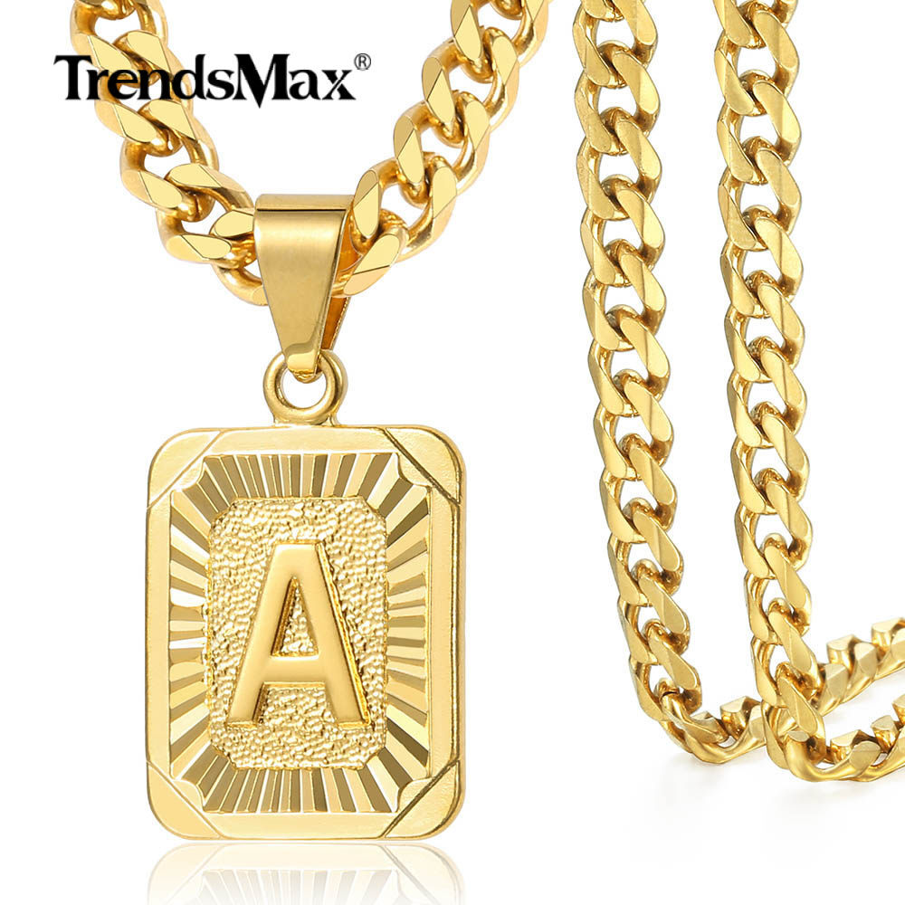 Initial Letter PENDANT Necklace 18/22″ Yellow Gold Plated Curb Chain for Men Boy