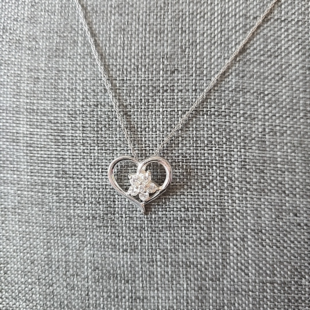 MWS Sterling Silver Open Heart with CZ Flower Pendant 18″ Necklace Zales Sterlin