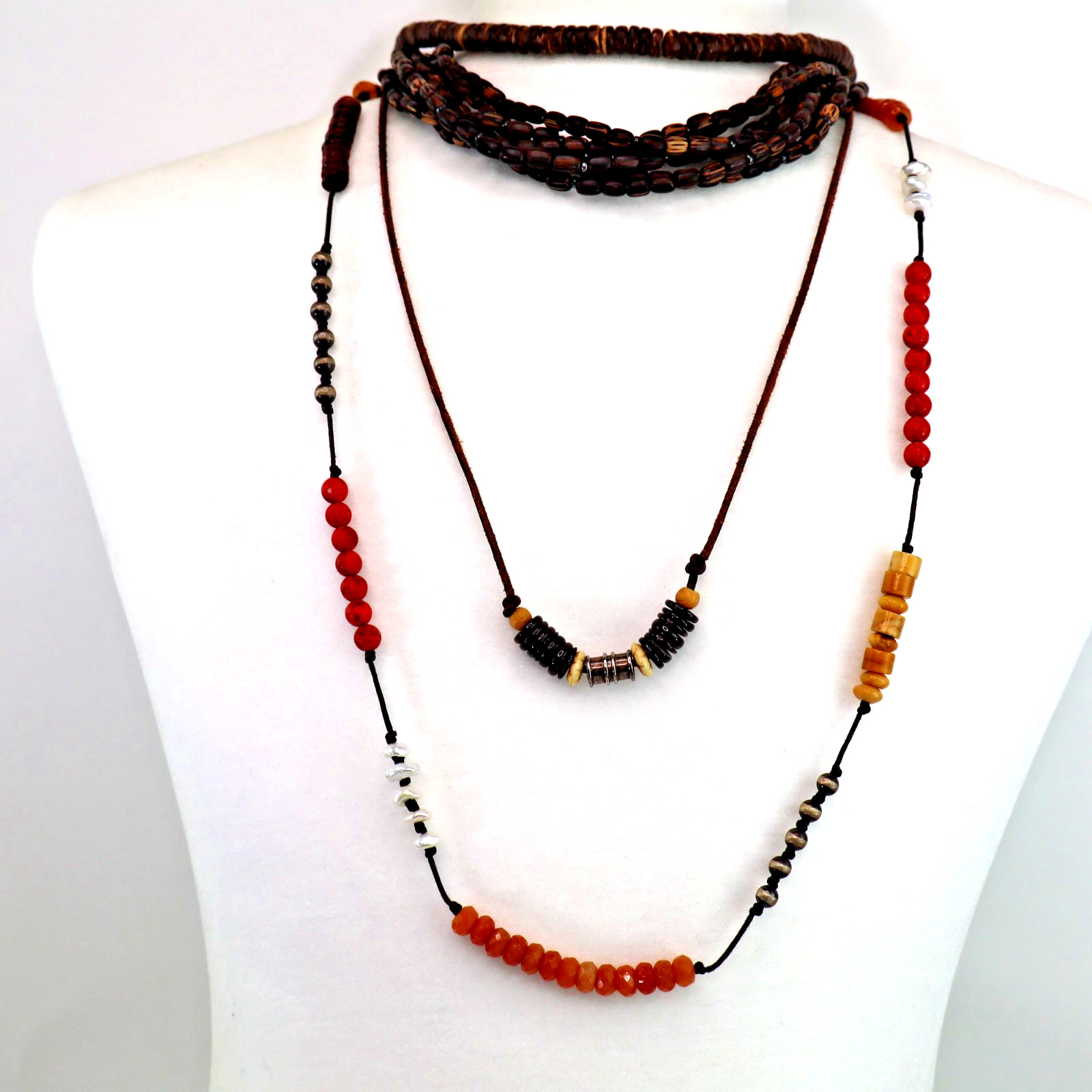 SILPADA Lot 4 necklaces 925 silver wood pearl coral Boho Surfer layer 18 to 35″