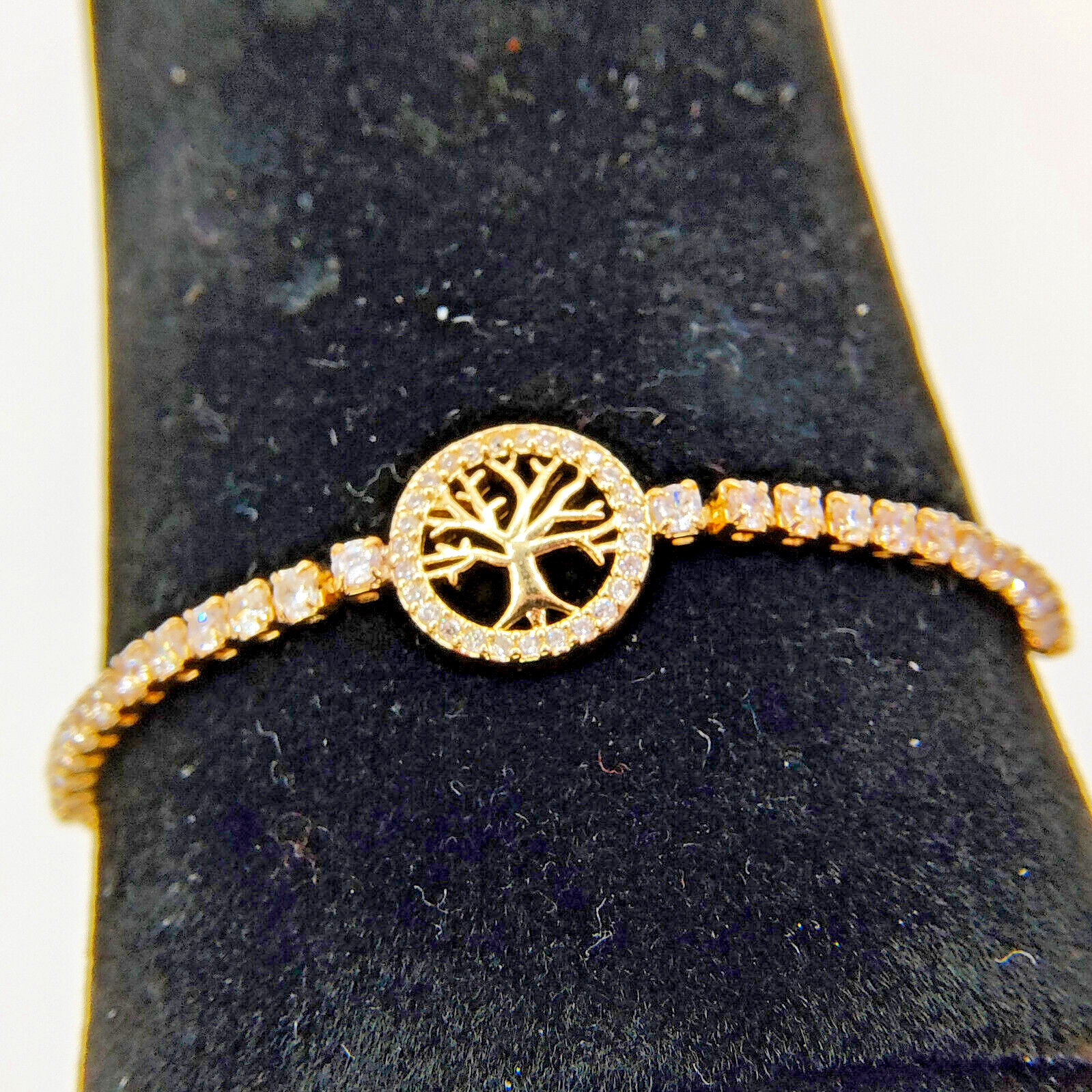 Tree of Life Adjustable Bolo Bracelet White Rhinestone Gold Tone Slider Chain